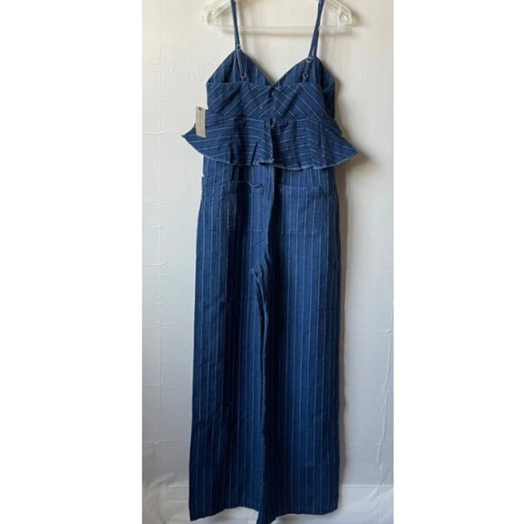 Anthropologie Denim Jumpsuit Womens Blue Sleeveless Peplum Ruffled Striped Long - Picture 7 of 9